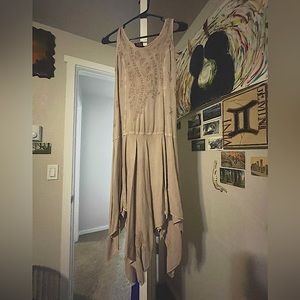 tan flowy dress, embroidered
